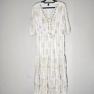 Anthropologie Me 2 Magic Floral Metallic Ivory Gold Tiered Maxi Dress 2X